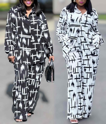 Printed twin set, black and white plaid shirt with matching wide-leg trousers