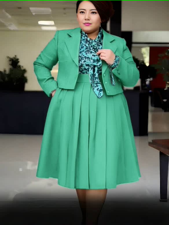 Green pleated skirt suit set with tailored blazer jacket and pleated midi skirt