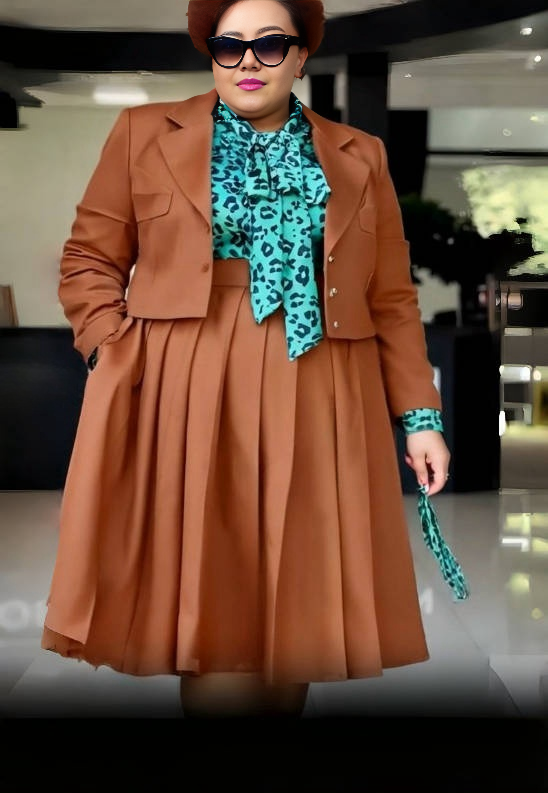 Brown pleated skirt suit set with tailored blazer jacket and pleated midi skirt