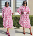 Geometric midi dress with long sleeves, pink and white geometric pattern, knee length