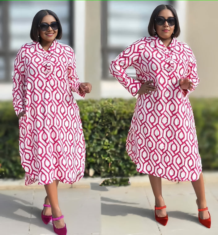 Geometric midi dress with long sleeves, pink and white geometric pattern, knee length
