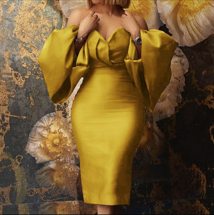 Gold off-shoulder puff-sleeve pleated midi dress with sweetheart neckline