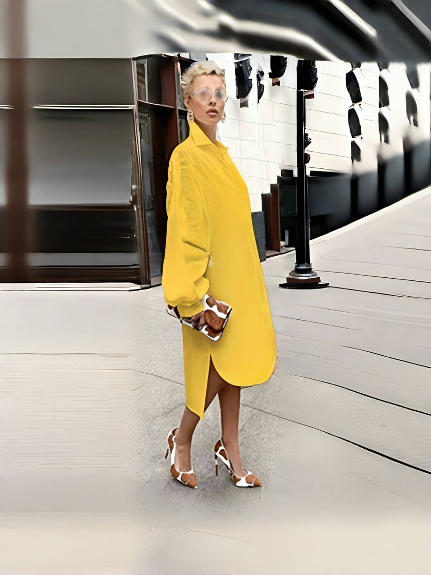Yellow shirt dress with puff sleeves, loose fit, midi length, button front