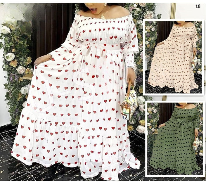 Off-shoulder heart print maxi dress, white with red hearts; green variant shown in inset