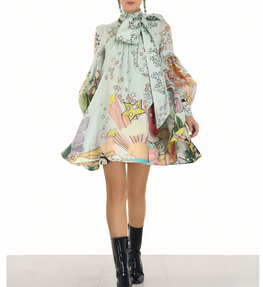 High-neck bow flared mini dress with pastel floral print, long sleeves