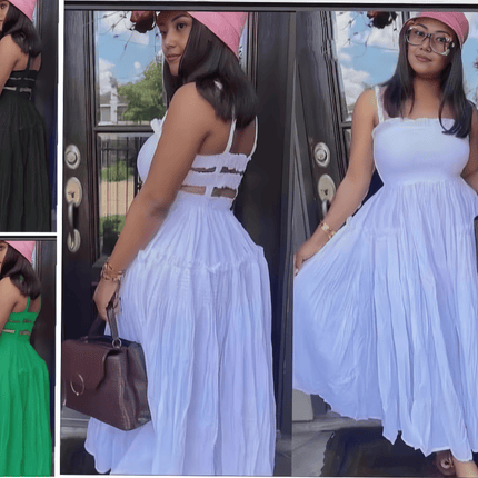 White pleated maxi dress with thin spaghetti straps and gathered bodice