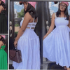 White pleated maxi dress with thin spaghetti straps and gathered bodice