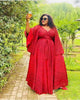 Elegant V-Neck Gown with Billowy Sleeves and Cinched Waist Detail