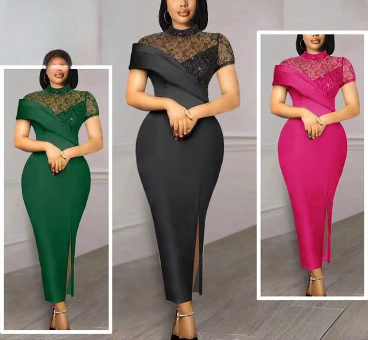Lace midi dress with asym neckline, lace bodice, and high slit, short sleeves.