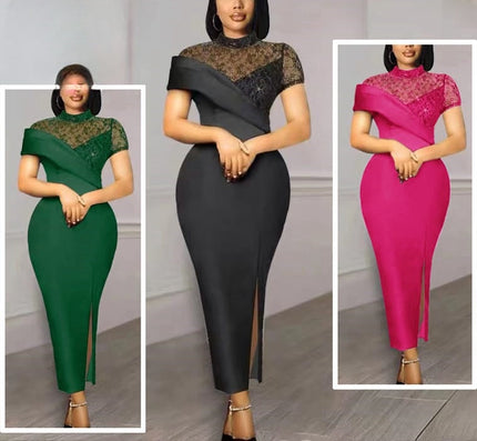 Lace midi dress with asym neckline, lace bodice, and high slit, short sleeves.