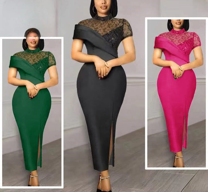 Lace midi dress with asym neckline, lace bodice, and high slit, short sleeves.