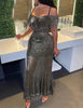 Off-Shoulder Fringe Detail Sequined Mermaid Dress