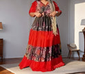 Plus size floral tiered ruffle maxi dress in red with black floral print