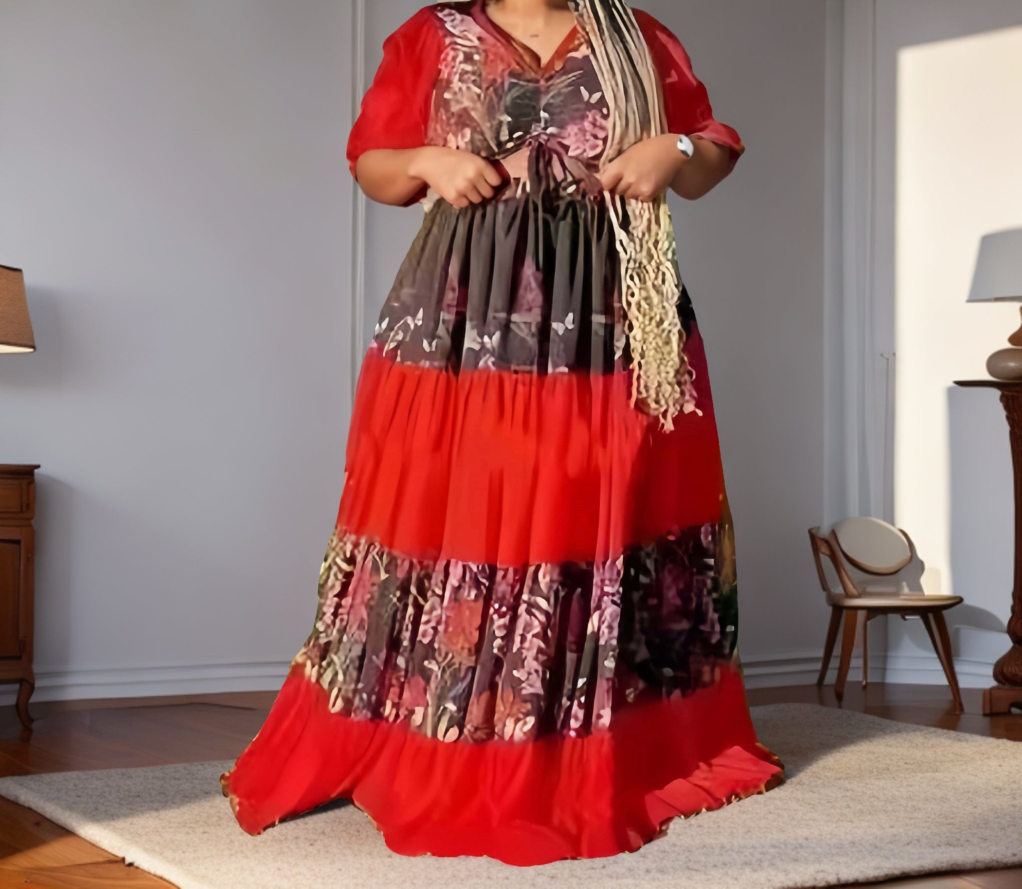 Plus size floral tiered ruffle maxi dress in red with black floral print
