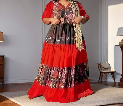 Plus size floral tiered ruffle maxi dress in red with black floral print