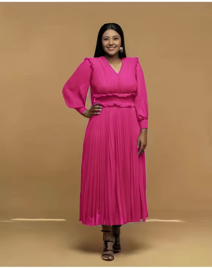 Pleated midi dress, deep-pink pleated V-neck long sleeves with waist belt