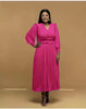 Pleated Mid-Length Dress with Long Sleeves and V-Neckline