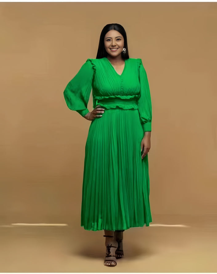 Pleated midi dress, forest-green pleated V-neck long sleeves with waist belt