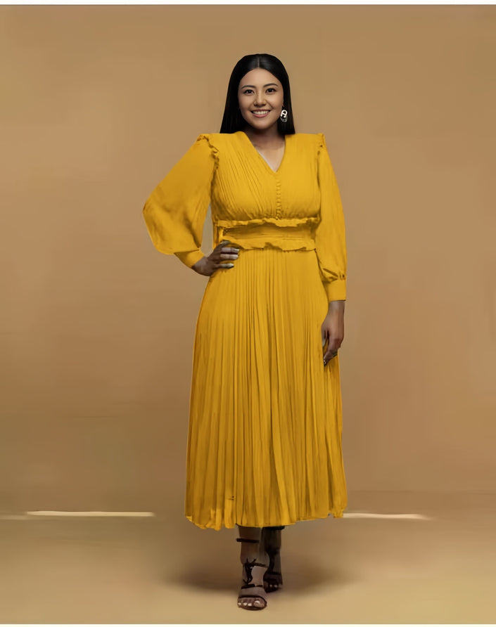 Pleated midi dress, yellow pleated V-neck long sleeves with waist belt
