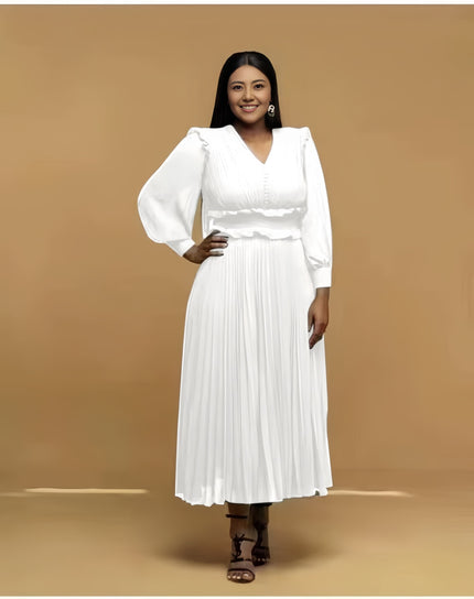 Pleated midi dress, white pleated V-neck long sleeves with waist belt