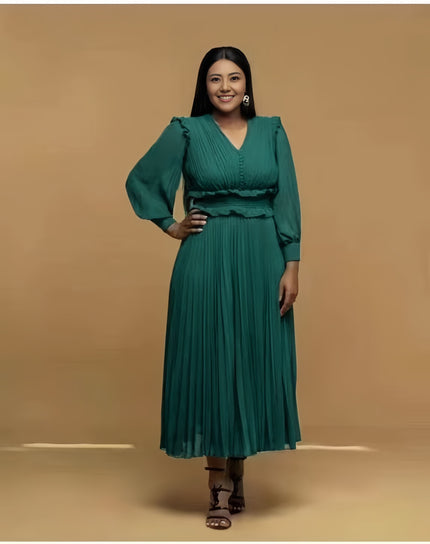 Pleated midi dress, deep green pleated V-neck long sleeves with waist belt