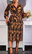 V-Neck Pleated Mid-Length Printed Dress