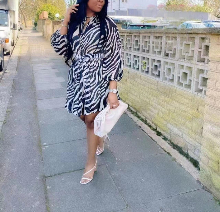 Zebra-print shirt dress with puff sleeves, black-and-white pattern