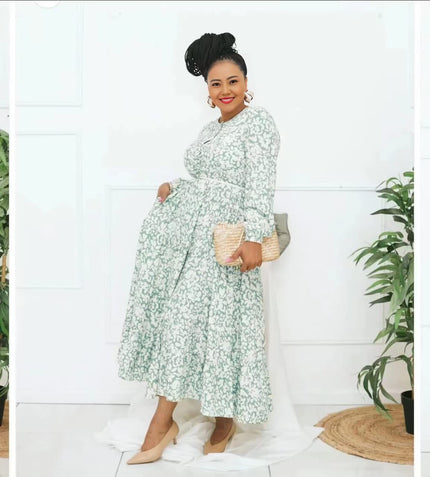 Floral tiered maxi dress, long sleeves, light green with small print