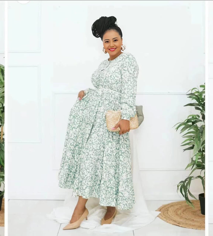 Floral tiered maxi dress, long sleeves, light green with small print