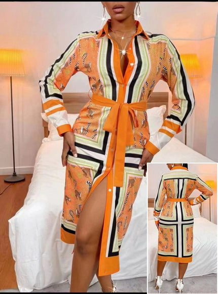 Orange printed belted midi dress with long sleeves and V-neck detail