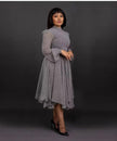 Checkered midi dress with ruffle puff sleeves and gathered waist, flared skirt