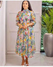 Floral midi dress with puff sleeves, high neck and tie waist, multicolor print