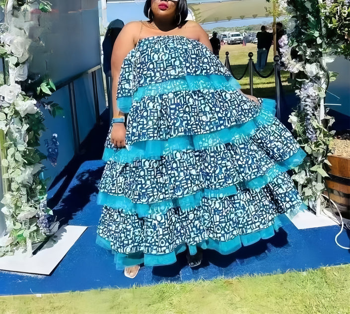 Blue and White Geometric Pattern Multi-layer Dress