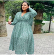 Plus size midi dress, light green speckle print, V-neck, gathered waist, long sleeves