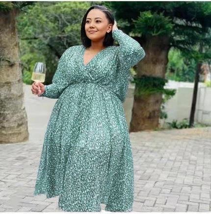 Plus size midi dress, light green speckle print, V-neck, gathered waist, long sleeves