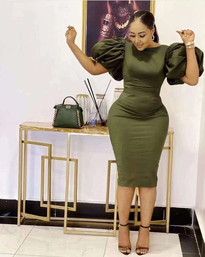 Olive puff sleeve bodycon midi dress with gathered shoulders and fitted waist