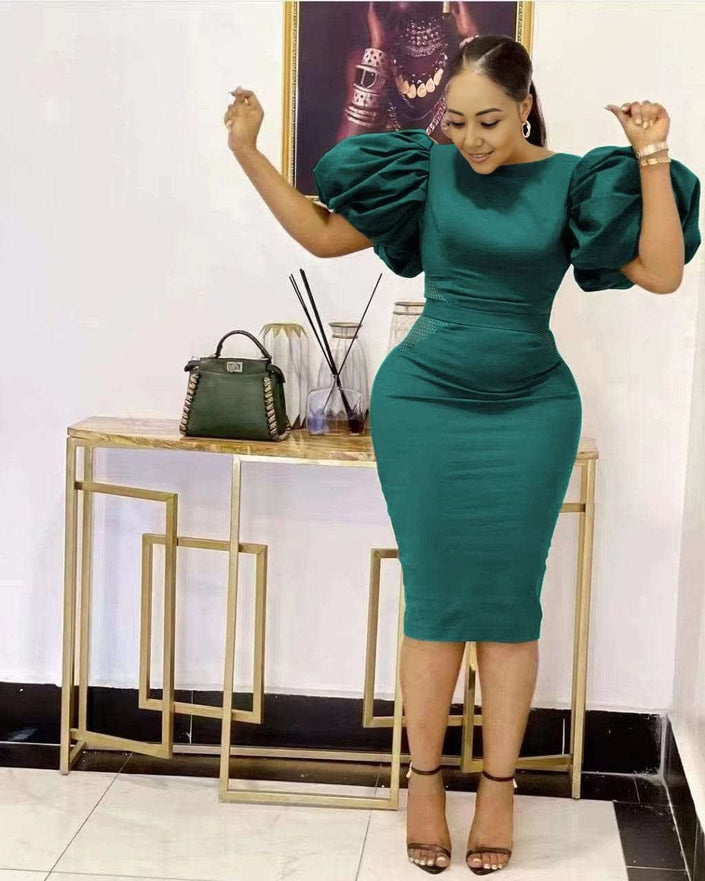 Teal puff sleeve bodycon midi dress with gathered shoulders and fitted waist