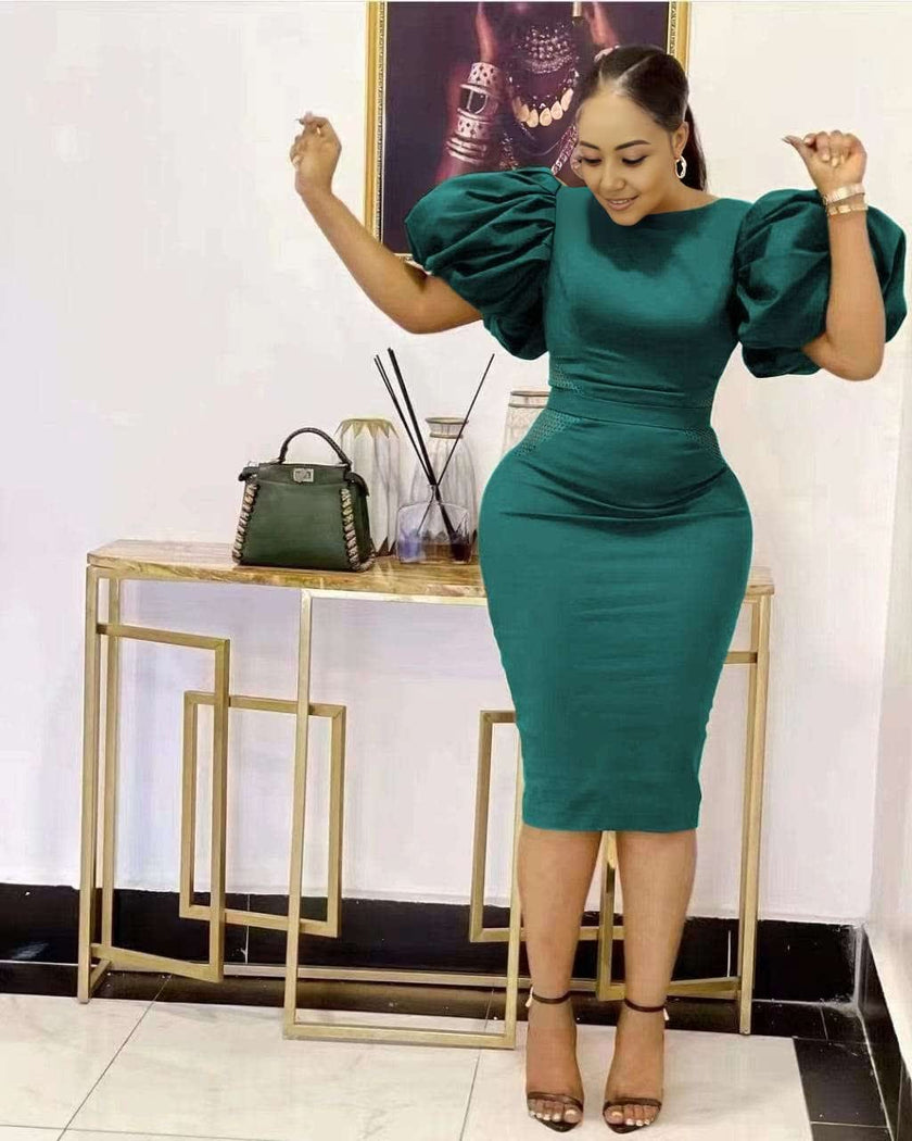 Teal puff sleeve bodycon midi dress with gathered shoulders and fitted waist