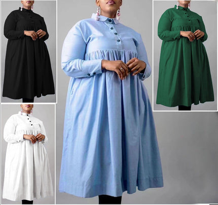 Plus size A-line collared dress in light blue, button front and long sleeves