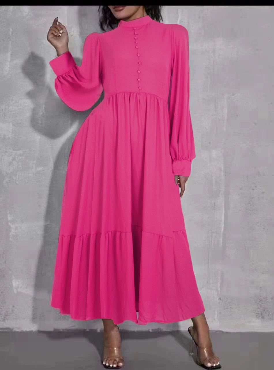 Deep-pink midi dress with puff sleeves, tiered skirt, and button front