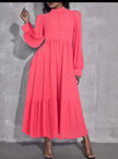 Hot-pink midi dress with puff sleeves, tiered skirt, and button front