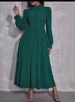 Dark-cyan midi dress with puff sleeves, tiered skirt, and button front