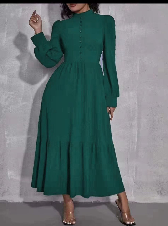 Dark-cyan midi dress with puff sleeves, tiered skirt, and button front