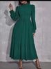 Long-Sleeve Tiered Midi Dress with High Neckline and Buttoned Bodice