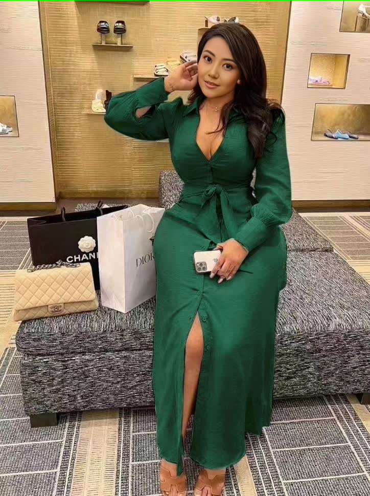 V-neck maxi dress with waist tie and thigh slit, dark green