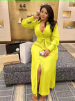 V-neck maxi dress with waist tie and thigh slit, bright yellow
