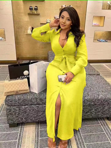 V-neck maxi dress with waist tie and thigh slit, bright yellow