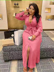 V-neck maxi dress with waist tie and thigh slit, dusty pink