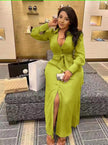 V-neck maxi dress with waist tie and thigh slit, light green