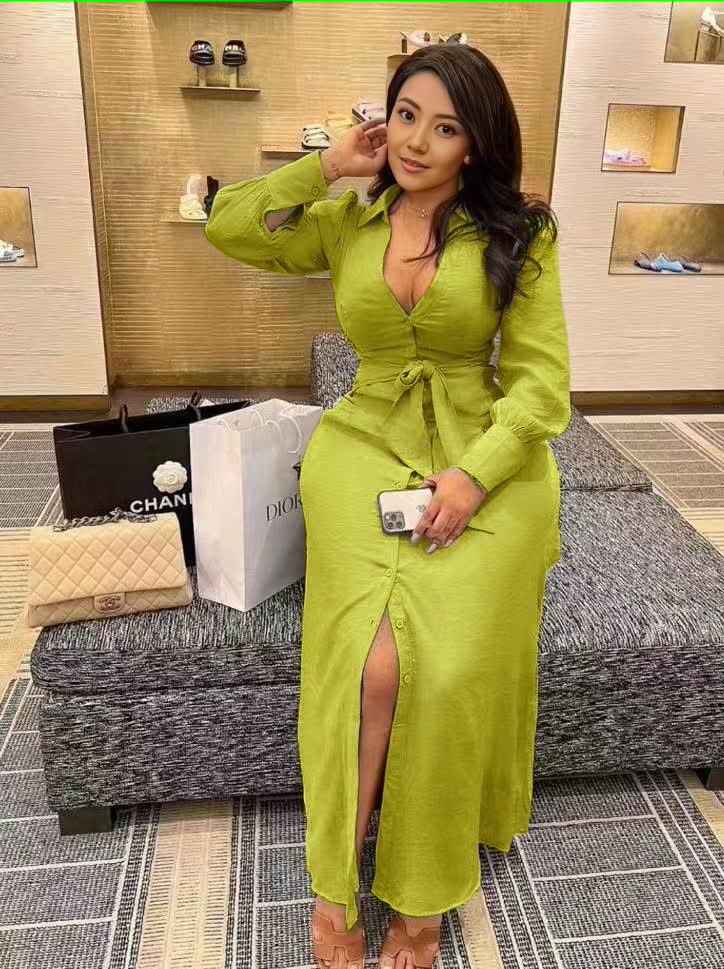 V-neck maxi dress with waist tie and thigh slit, light green